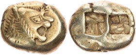 LYDIEN KÖNIGREICH
Alyattes, 610-561 v. Chr. EL-Trite Sardeis Vs.: Löwenkopf mit "Warze" n. r., Rs.: zwei quadrata incusa SNG v. Aulock 2868-2870, 820...