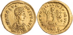 OSTROGOTEN IN ITALIEN
Theoderich, 493-526. AV-Tremissis mit Namen des Anastasius, 491-518 n. Chr. Mediolanum Vs.: D N ANASTA-SIVS PP (invers) AVI, dr...