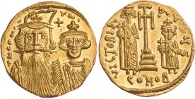 BYZANZ
Constans II. mit Constantinus IV., Heraclius und Tiberius, 659-668. AV-Solidus 662-667 Constantinopolis, 6. Offizin Vs.: D N CONS-TNI, Büsten ...