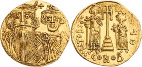 BYZANZ
Constans II. mit Constantinus IV., Heraclius und Tiberius, 659-668. AV-Solidus 662-667 Constantinopolis, 9. Offizin Vs.: N [...], Büsten von C...