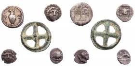 Lot, griechische Münzen AR-Prägungen aus KALABRIEN: Tarent, Litra; MAKEDONIEN: Terone, Tetrobol; KARIEN: Karische Inseln, Rhodos, Hemidrachme; PISIDIE...