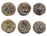 Lot, griechische Münzen AE-Prägungen aus IUDAEA: Herodische Dynastie, Herodes II. Archelaos, Prutah; Herodes Agrippa I., Prutah (2). 3 Stück s, s-ss...