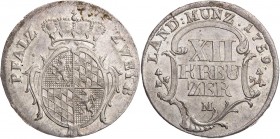 PFALZ PFALZ-ZWEIBRÜCKEN, HERZOGTUM
Christian IV., 1735-1775. 12 Kreuzer 1759 M Zweibrücken Vs.: Wappen, Rs.: Wert Slg. Memmesheimer 2733; Slg. Noss 4...