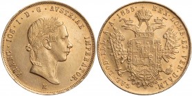 KAISERREICH ÖSTERREICH
Franz Josef I., 1848-1916. Sovrano (40 Lire) 1855 M Mailand Feingold Fb. 741; Herinek 196; J. 311. 11.36 g. Gold, R Randfehler...