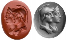 GEMMEN UND SIEGELSTEINE
 Intaglio Jaspis, rot, an der Unterseite moosgrün, hochoval, flach, gestaffelte Büsten der Venus mit Diadem und des Mars mit ...