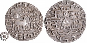 Ancient India
Kuninda Dynasty, Amoghbuti (200 BC), Silver Drachma, Obv: a deer standing to the right with a square-shaped vase above its back, an ear...