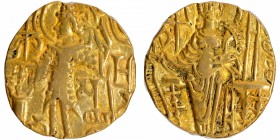 Ancient India
Kushan Dynasty, Shaka I (325-345 AD), Gold Dinar, "Ardokhsho" type, Obv: a crowned king, nimbate, standing facing left, sacrificing ove...