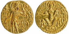 Ancient India
Gupta Dynasty, Chandragupta II (Vikramaditya) (375-415 AD), Gold Dinar, "Archer-Goddess on throne" type, Obv: the king standing, nimbat...