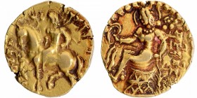 Ancient India
Gupta Dynasty, Chandragupta II (Vikramaditya) (375-415 AD), Gold Dinar, “Horseman – Left” type, Obv: the king riding an adorned high-st...