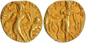 Ancient India
Gupta Dynasty, Chandragupta II (Vikramaditya) (375-415 AD), Gold Dinar, "Chhatra (Parasol)" type, Obv: the king standing, facing left, ...