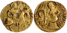 Ancient India
Gupta Dynasty, Kumaragupta I (Mahendraditya) (415-455 AD), Gold Dinar, “Horseman – Right” type, Obv: the king, nimbate, riding an adorn...
