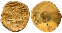Hindu Medieval of India
Telugu Chodas of Nellore, Bhujabala (13 Century AD), Punch Marked Gold Pagoda, Obv: four punch marks consisting of a crude le...
