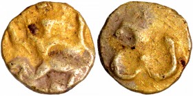 Hindu Medieval of India
Shilaharas of Karad (12 Century AD), Wai-Karhad Region, Gold 1/4 Fanam, Obv: Garuda running to the right holding an object, p...