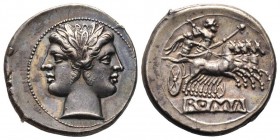 Roman Republican & Imperatorial
Didrachm ou Quadrigatus, Rome, 225-212 avant J.-C., AG 6,78 g.
Ref : Cr. 28/3, Syd. 64, BMCRR 78, RSC 23.
Ex Vente CNG...