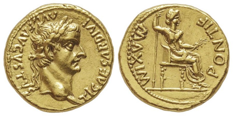Tiberius 14-37 après J.C.
Aureus, Lugdunum, AU 7.74 g.
Avers : TI CAESAR DIVI AV...
