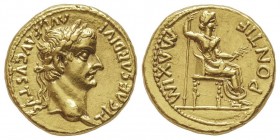 Tiberius 14-37 après J.C.
Aureus, Lugdunum, AU 7.74 g.
Avers : TI CAESAR DIVI AVG F AVGVSTVS Tête laurée à droite Revers : PONTIF MAXIM Figure fém...