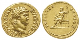 Nero 54-68 
Aureus, Rome, 64-65, AU 7.29 g.
Avers : IMP NERO CAESAR - AVGVSTVS Tête laurée à droite 
Revers : IVPPITER - CVSTOS Jupiter à demi-nu,...