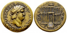 Nero 54-68 
Dupondius, Lyon, 64, AE 12,81 g.
Avers : NERO CLAVD CAESAR AVG GER P M TR P IMP P Tête radiée à droite, globe à la pointe du buste.
Re...