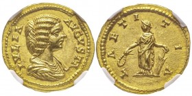 Septimius Severus 193-211 pour Julia Domna Augusta 193-217
Aureus, Laodicea, 199-207, AU 7.17 g.
Avers : IVLIA AVGVSTA Buste drapé à droite
Revers :...