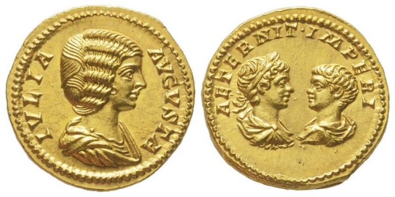 Septimius Severus 193-211 pour Julia Domna, Caracalla et Geta
Aureus, Rome, 201,...