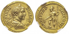 Caracalla 211-217
Aureus, Rome, 205, AU 6.96 g.
Avers : ANTONINVS PIVS AVG Buste lauré, drapé et cuirassé à droite Revers : PONTIF TR P VIII COS I...