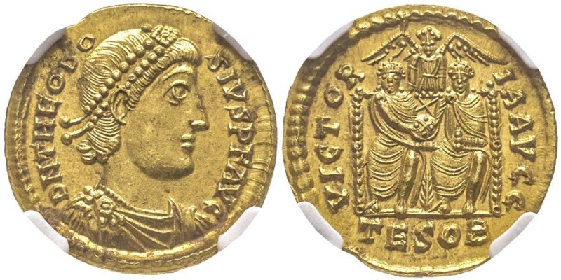 Theodosius I 379-395 (Empereur d'Orient)
Solidus, Thessalonique, 379, AU 4.45 g....