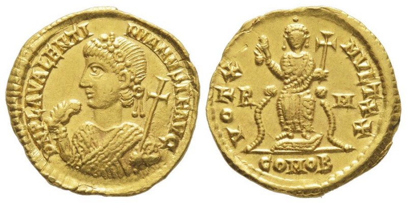 Valentinien III 425-455
Solidus, Rome, 435, AU 4,45 g.
Avers : D N PLA VALENTI-N...