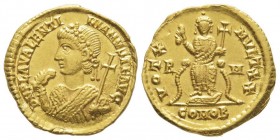 Valentinien III 425-455
Solidus, Rome, 435, AU 4,45 g.
Avers : D N PLA VALENTI-NIANVS P F AVG Buste consulaire de Valentinien à gauche. Il porte un d...