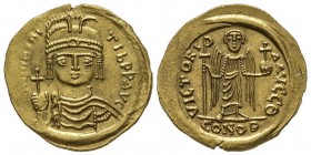 Maurice Tiberius 582-602
Solidus, Sicile, 590-591, AU 4.40 g.
Ref : Hahn 28, Sear 573
Conservation : rayures sinon Superbe. Rare