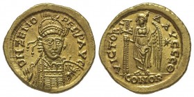 OSTROGOTHS
Théoderic 493-526
Solidus frappé un nom de Zeno, Rome, 488-491, AU4.37 g
Ref : MEC 1, –. Metlich –. Lacam pl. 54, cf. 2-3.
Ex Vente Weil, 1...