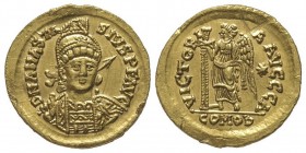 OSTROGOTHS
Théoderic 493-526
Solidus au nom de Anastasius, Rome, 492-518, AU 4.48 g. Ref : Hahn 91, MEC 1, 112
Conservation : traces de monture sinon ...