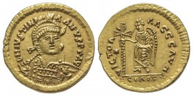 OSTROGOTHS Baduila ou Totila, dit l'Immortel 541-552
Solidus au nom et au type de Justinien Ier (527-565), Ticinum, 536-539, AU 4.40 g.
Ref : -
Conser...