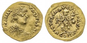 OSTROGOTHS 
Theia 552
Tremissis au nom de Anastasius I (491-518), Ticinum, AU 1.41 g.
Ref: Wroth Pl XII N. 14-18, Hahn 68a
Conservation : Superbe