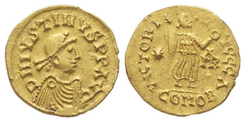 BURGONDES
Gundomar II 524-532
Tremissis au nom de Justin I, AU 1.44 g.
Avers : D...