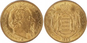 Monaco, Charles III 1856-1889
100 Francs, 1882 A, AU 32.25 g.
Ref : G. MC122, CC 179, Fr. 11
Conservation : PCGS MS64. FDC
Quantité : seulement 5000 ...