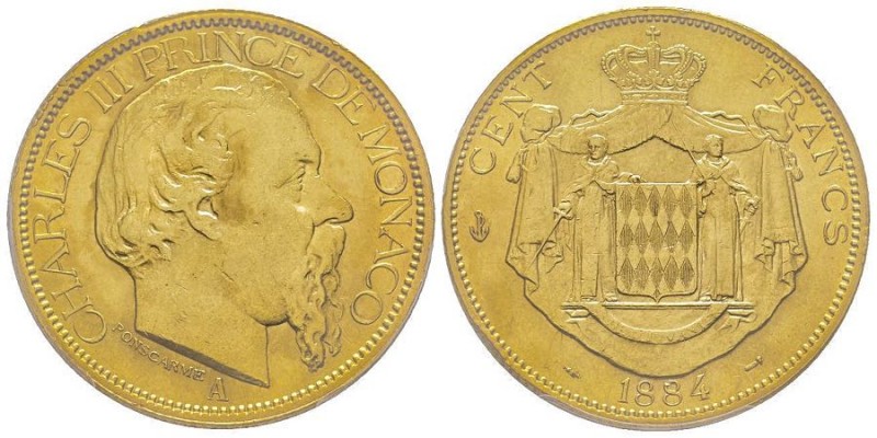 Monaco, Charles III 1856-1889
100 Francs, 1884 A, AU 32.25 g. Ref : G. MC122, CC...