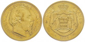Monaco, Charles III 1856-1889
100 Francs, 1884 A, AU 32.25 g. Ref : G. MC122, CC 179, Fr. 11 Conservation : PCGS MS63
Quantité : 15000 exemplaires