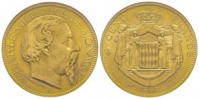 Monaco, Charles III 1856-1889
100 Francs, 1886 A, AU 32.25 g.
Ref : G. MC122, CC 79, Fr. 11
Conservation : NGC MS64
Quantité : 15000 exemplaires