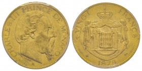 Monaco, Charles III 1856-1889
20 francs, 1878 A, AU 6.45 g.
Ref : G. MC120, Fr.12
Conservation : PCGS AU55