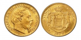 Monaco, Charles III 1856-1889
20 Francs, 1879 A, AU 6.45 g.
Ref : G. MC120, Fr.12
Conservation : PCGS MS63. FDC