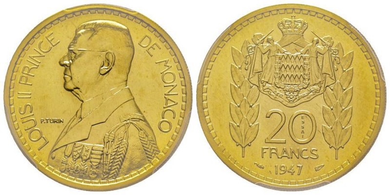 Monaco, Louis II 1922-1949
20 Francs Essai 1947, AU 18.8 g. 920 ‰
Ref : G. MC137...