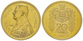Monaco, Louis II 1922-1949
20 Francs Essai 1947, AU 18.8 g. 920 ‰
Ref : G. MC137, KM#PE5
Conservation : PCGS SP63
Quantité : 180 exemplaires. Très Rar...