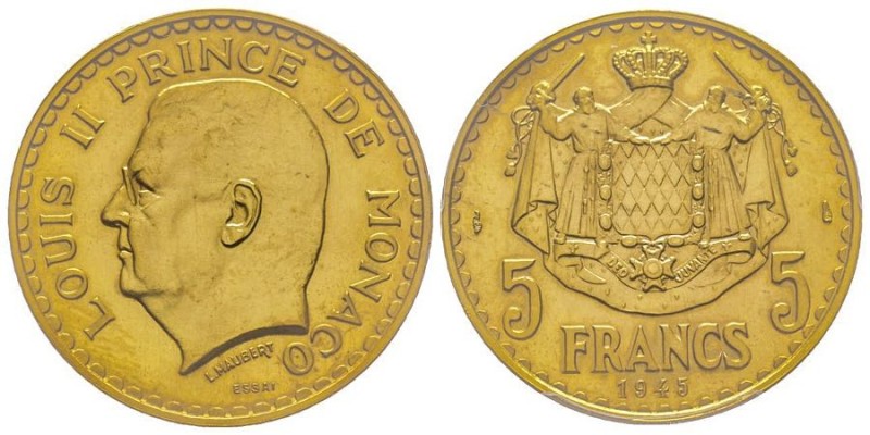 Monaco, Louis II 1922-1949
5 Francs Essai 1945, AU 23.5 g.
Ref : G. MC135
Conser...