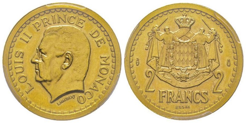 Monaco, Louis II 1922-1949
2 Francs Essai or, sans date (1943), AU 16 g. Tranche...