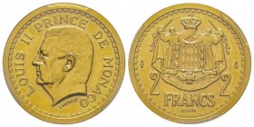 Monaco, Louis II 1922-1949
2 Francs Essai or, sans date (1943), AU 16 g. Tranche lisse
Ref : G. MC133
Conservation : PCGS SP64
Quantité : 100 exemplai...