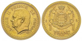Monaco, Louis II 1922-1949
1 Franc Essai or, sans date (1943), AU 8 g. Tranche lisse
Ref : G. MC131
Conservation : PCGS SP66
Quantité: 100 exemplaires...