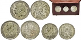 Monaco, Louis II 1922-1949
Coffret avec 5, 10 et 20 Francs ESSAI, 1945, AG 14.7 - 8.5 et 12.3 g.
Avers : LOUIS II PRINCE DE MONACO, tête à gauche, a...