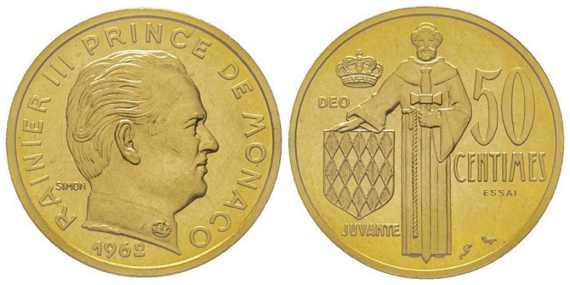 Monaco, Rainier 1949-2005
Piéfort de 50 centimes, 1962, AU 30.3g.
Ref : G. MC148...