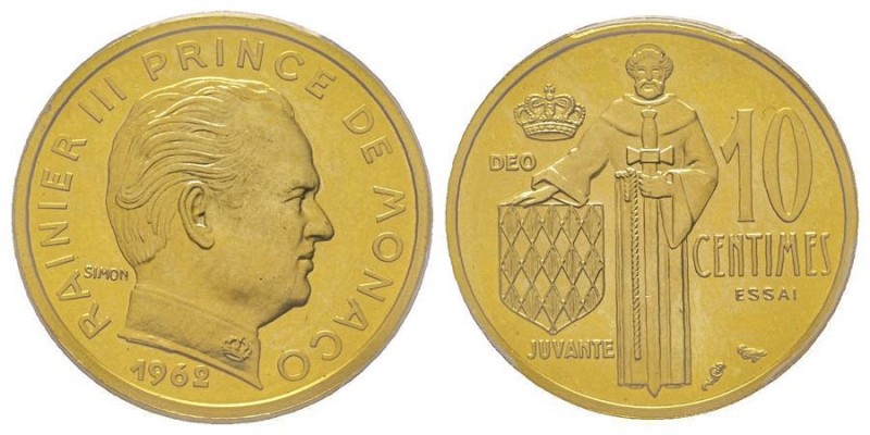 Monaco, Rainier 1949-2005
Piéfort de 10 centimes, 1962, AU 13 g. Ref : G. MC146...