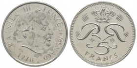 Monaco, Rainier 1949-2005
Prototype #2, 5 Francs, 1970, Nickel 10.19 g. Ref : G. MC153
Conservation : PCGS SP62. Rarissime.
